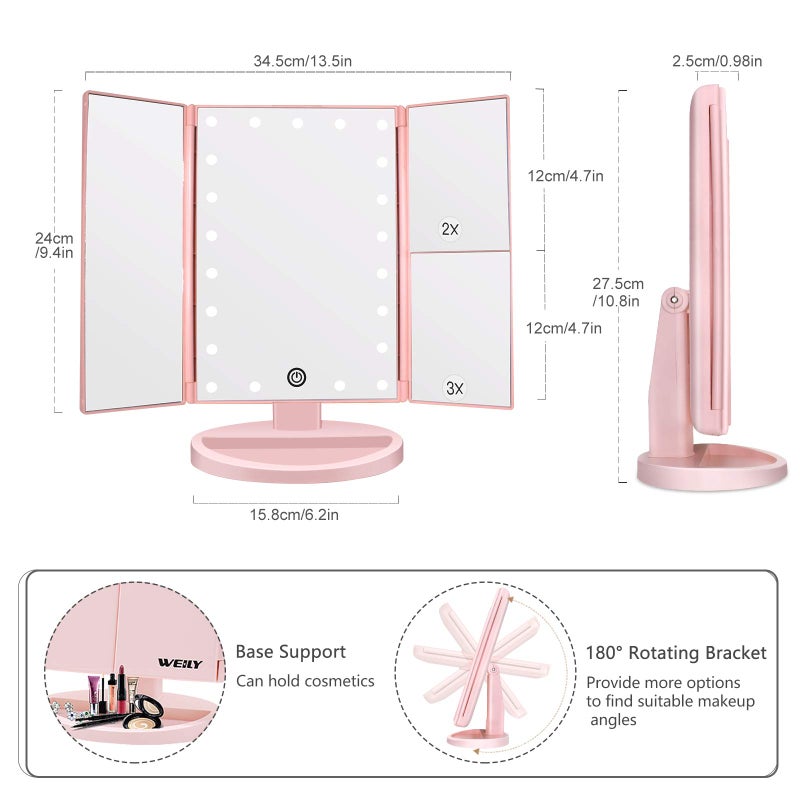 WEILY Makeup Mirror with 21 LED Lights Two Power Supply Modes  Adjustable Touch Screen and 1x/2x/3x Magnification Tri-Fold Vanity Mirror  Chargeable Travel Cosmetic Mirror for Desktop (Pink) - Image 4